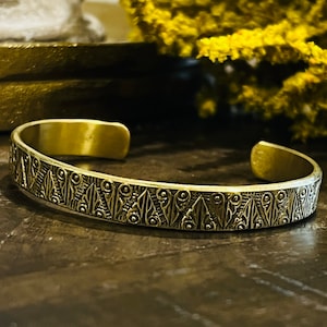 Tribal Open Cuff Bracelet, Heavy Thick Brass Bracelet, Ethnic Carved Bracelet, Intricate Jewelry, Bohemian Hippie Style
