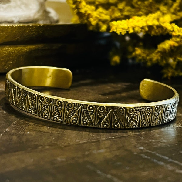 Tribal Open Cuff Bracelet, Heavy Thick Brass Bracelet, Ethnic Carved Bracelet, Intricate Jewelry, Bohemian Hippie Style