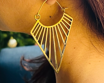 Boho Brass Triangle Hoop Earrings: Ethnic Geometric Style