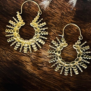 Rising Sun Hoop Earrings, Sun Ray Spiked Earrings, Sunbeams Brass Earrings Women, Spiky Hoops Ethnic Earrings, Boho Hippie Tribal Earrings