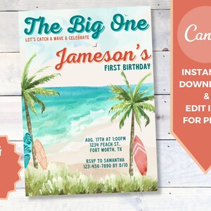 Invitación de cumpleaños con temática de surf "The Big One" - Plantilla editable