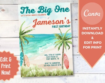 The Big One Surf-Themed Birthday Invitation - Editable Template