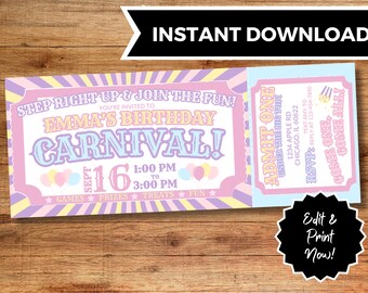 May include: A pink and purple carnival ticket invitation for Emma's birthday party. The ticket says "Step Right Up & Join the Fun! Emma's Birthday Carnival!" with the date "Sept 16" and time "1:00 PM to 3:00 PM". The ticket also says "Games, Prizes, Treats, Fun".