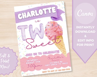 Two Sweet Ice Cream Cone Birthday Invitation - Editable Template