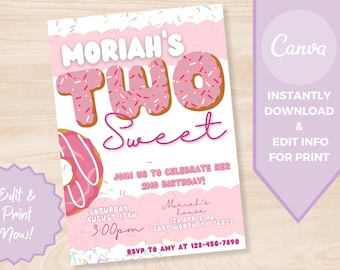Two Sweet Donut Grow Up Birthday Invitation - Editable Template