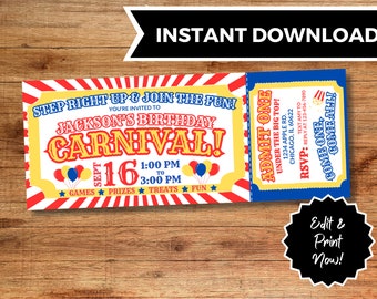 May include: A carnival-themed invitation with a red, yellow, and blue color scheme. The ticket-style design includes text that reads "Jackson's Birthday Carnival!" and event details. The invitation also has the text "Instant Download" and "Edit & Print Now!"