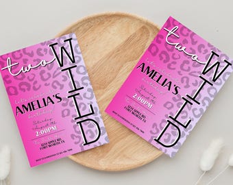 Invitación de cumpleaños "Two Wild" de leopardo rosa - Plantilla editable