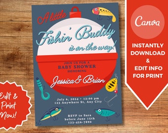 Little Fishin' Buddy Navy Baby Boy Shower Invitation - Editable Template