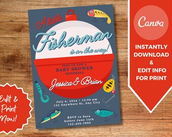Little Fisherman Navy Baby Boy Shower Invitation - Editable Template