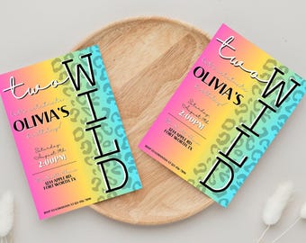 Invitación de cumpleaños "Two Wild" de leopardo arcoíris - Plantilla editable