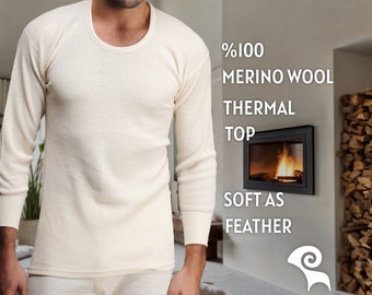 Natural %100 Merino Wool Long Sleeve Shirt - Mens Holiday Pajamas Top Soft Henley - Thermal Underwear - Undershirt Base Layer - Gift for Him