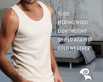 Natural %100 Merino Wool Sleeveless Tank - Mens Holiday Pajamas Top Soft Loungewear - Thermal Underwear Undershirt Base Layer - Gift for Him