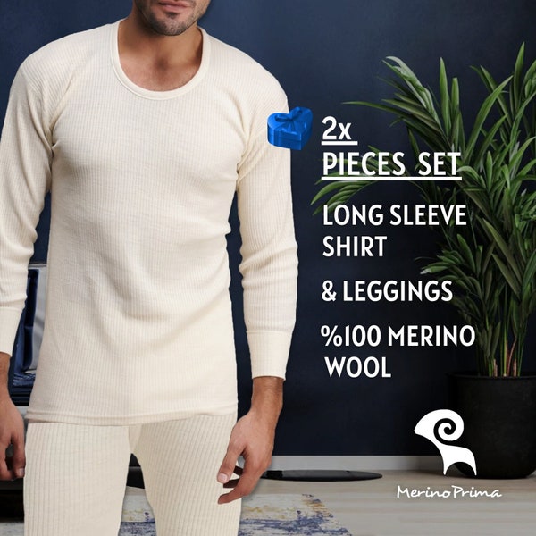 2 Piece Set %100 Merino Wool Long Sleeve Shirt & Leggings - Mens Holiday Pajamas - Henley + Long Johns - Underwear Base Layer - Gift for Him