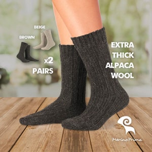 2 Pairs Set of Alpaca Wool Socks - Casual Socks for Women and Men - Knitted Warm Boot Socks - Thick Crew Gift Socks - Sustainable Clothing