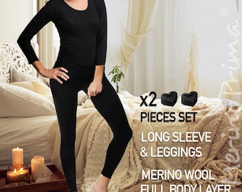 2 Piece Set Long Sleeve Shirt & Leggings - Womens Merino Wool Underwear - Thermal Base Layer - Tights Pants Camisole Undershirt Gift for Her