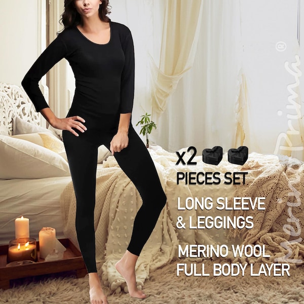 2 Piece Set Long Sleeve Shirt & Leggings - Womens Merino Wool Underwear - Thermal Base Layer - Tights Pants Camisole Undershirt Gift for Her