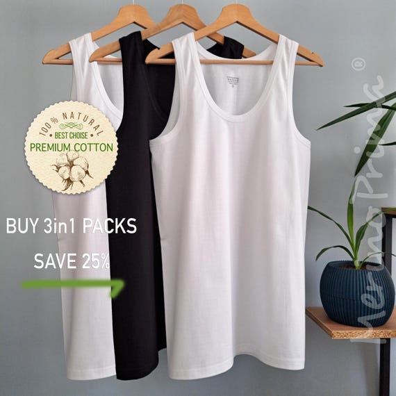 Pack of 3 > 100% Natural Cotton Tank Top for Men - Natural Sleeveless Basic Underwear - Hi-Quality Base Layer - Mens Soft Holiday Pajamas