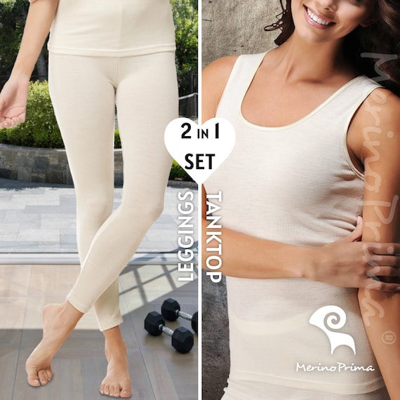 2 Piece Set Leggings & Tank Top - Womens Merino Wool Underwear - Thermal Base Layer - Long Tights Pants + Camisole Undershirt - Gift for Her