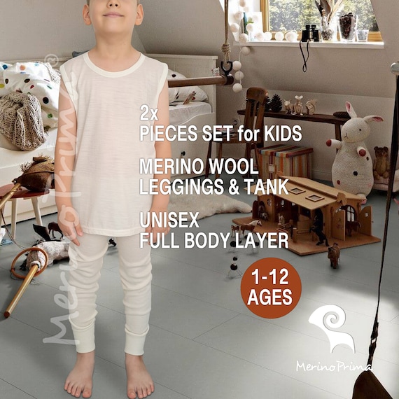 2 Piece Set Kids Leggings & Tank Top - Natural Merino Wool Unisex T-Shirt + Toddler Pants - Thermal Base Layer - Underwear Children Girl Boy