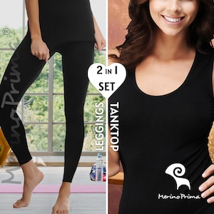 2 Piece Set Leggings & Tank Top - Womens Merino Wool Underwear - Thermal Base Layer - Long Tights Pants + Camisole Undershirt - Gift for Her