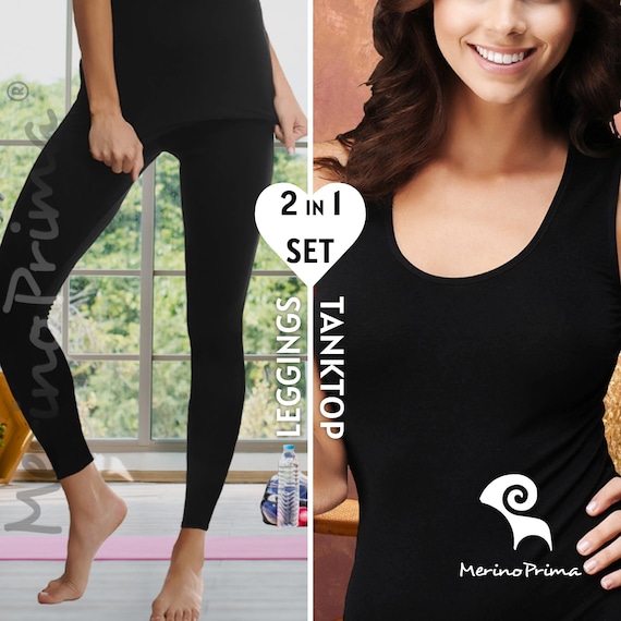 2 Piece Set Leggings & Tank Top - Womens Merino Wool Underwear - Thermal Base Layer - Long Tights Pants + Camisole Undershirt - Gift for Her