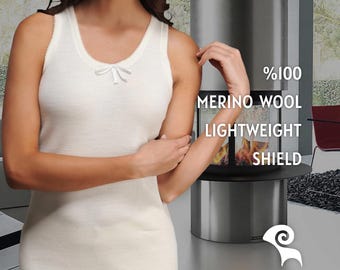 Natural %100 Merino Wool Sleeveless Camisole - Womens Lace Strap Tank Top - Thermal Base Layer Undergarment - Underwear T Shirt Gift for Her