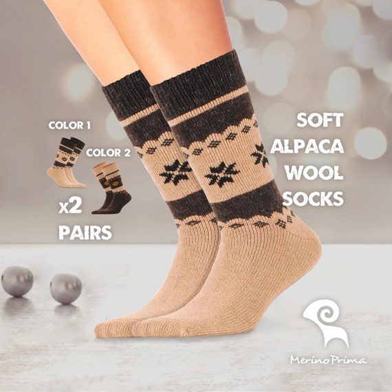 2 Pairs Set of Alpaca Wool Socks - Casual Socks for Women and Men - Knitted Warm Boot Socks - Thick Crew Gift Socks - Sustainable Clothing