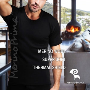 Natural Merino Wool Half Sleeve Black T-Shirt - Mens Holiday Pajamas Top Soft Henley - Thermal Underwear Undershirt Base Layer Gift for Him