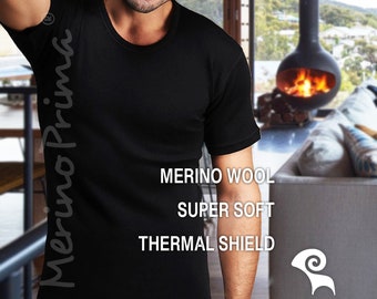 Natural Merino Wool Half Sleeve Black T-Shirt - Mens Holiday Pajamas Top Soft Henley - Thermal Underwear Undershirt Base Layer Gift for Him