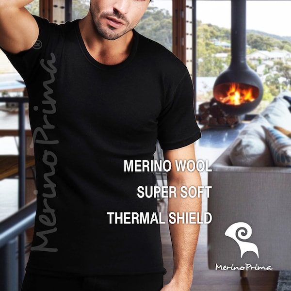 Natural Merino Wool Half Sleeve Black T-Shirt - Mens Holiday Pajamas Top Soft Henley - Thermal Underwear Undershirt Base Layer Gift for Him