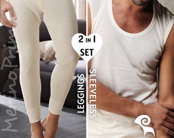 2 Piece Set Light Merino Wool Tank Top & Leggings - Mens Holiday Pajamas - Long Johns + Sleeveless Shirt Underwear Base Layer - Gift for Him