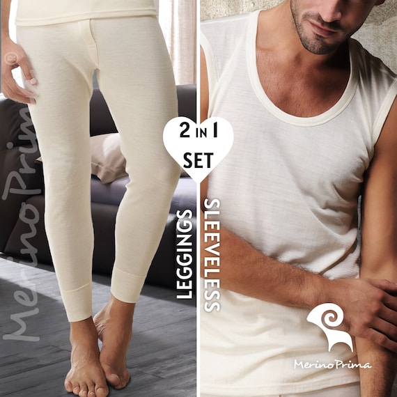 2 Piece Set Light Merino Wool Tank Top & Leggings - Mens Holiday Pajamas - Long Johns + Sleeveless Shirt Underwear Base Layer - Gift for Him