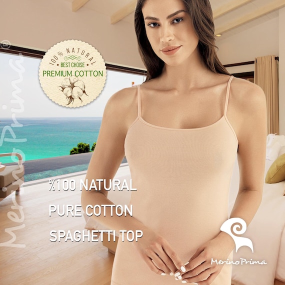 100% Natural Cotton Spaghetti Strap Cami Top - Natural Slip Tank for Women - Premium Quality Versatile Basic Camisole - Layering Underwear C