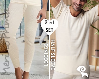 2 Piece Set %100 Merino Wool Half Sleeve Shirt & Leggings - Mens Holiday Pajamas - Henley + Long Johns - Underwear Base Layer - Gift for Him