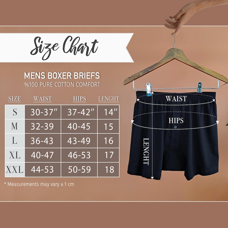 May include: Size chart for boxer briefs made of 100% pure cotton. The chart shows sizes from S to XXL with corresponding waist, hip, and length measurements in inches.