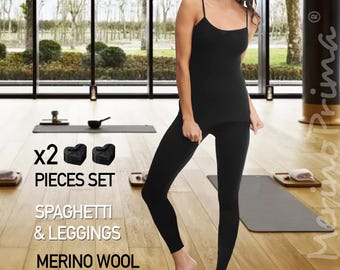 2 Piece Set Spaghetti Strap Tank Top & Leggings - Women's Merino Wool Underwear - Tights Pants Camisole Undershirt - Thermal Base Layer Gift