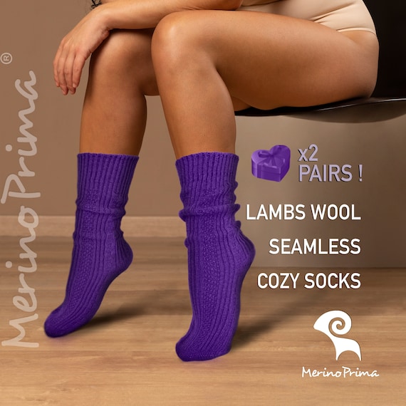 2 Pairs Set of Knitted Wool Socks for Women - Lambs Wool Winter Socks for Her - Comfortable Seamless Crew Socks - Casual Warm Soft & Thick