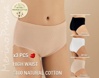 Pack of 3 > 100% Natural Cotton High Waist Panties for Women - Natural Hi Rise Premium Underwear - Plus Size 2XL 3XL Lingerie Summer Briefs
