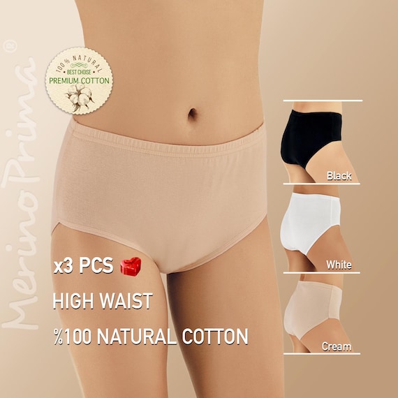 Pack of 3 > 100% Natural Cotton High Waist Panties for Women - Natural Hi Rise Premium Underwear - Plus Size 2XL 3XL Lingerie Summer Briefs