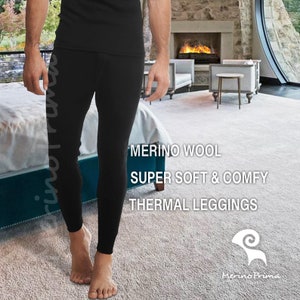 May include: Black thermal leggings made from merino wool. The leggings are super soft and comfy. The text "MERINO WOOL SUPER SOFT & COMFY THERMAL LEGGINGS" is printed on the image. The image also includes a logo with the text "Merino Prima" and a stylized ram's head.
