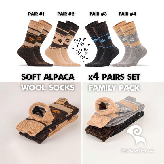 4 Pairs Set of Alpaca Wool Socks - Casual Socks for Women and Men - Knitted Warm Boot Socks - Thick Crew Gift Socks - Sustainable Clothing