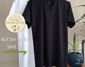 Pack of 2 > 100% Natural Cotton V-Neck T-shirt for Men - Breathable Basic Underwear - Premium Base Layer - Mens Soft Holiday Pajamas Top