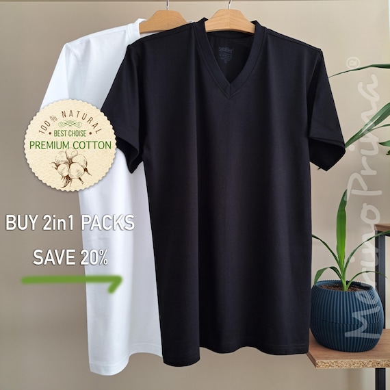 Pack of 2 > 100% Natural Cotton V-Neck T-shirt for Men - Breathable Basic Underwear - Premium Base Layer - Mens Soft Holiday Pajamas Top