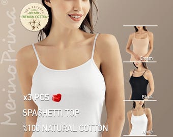 Pack of 3 > 100% Natural Cotton Spaghetti Strap Cami - Natural Slip Tank Top for Women - Premium Versatile Basic Camisole - Summer Underwear