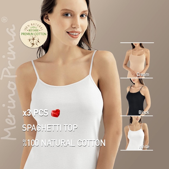 Pack of 3 > 100% Natural Cotton Spaghetti Strap Cami - Natural Slip Tank Top for Women - Premium Versatile Basic Camisole - Summer Underwear