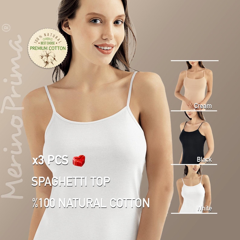 May include: A set of three white spaghetti tops made from 100% natural cotton. The tops are shown on a model and are available in cream, black, and white.