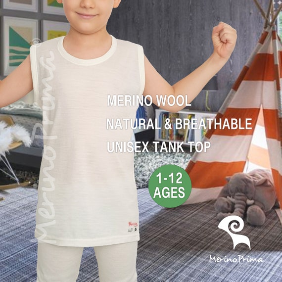 Natural Merino Wool Tank Top for Kids - Unisex Sleeveless T-shirt for Baby Girls & Boys - Thermal Base Layer Underwear for Toddler Children