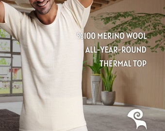 Gift for Him - %100 Merino Wool Half Sleeve Shirt - Mens Henley Thermal Underwear Husband Father Dad Grandpa Birthday Retirement Anniversary
