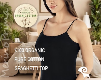 100% Organic Cotton Spaghetti Strap Cami Top - Natural Slip Tank for Women - Premium Quality Versatile Basic Camisole - Layering Underwear B