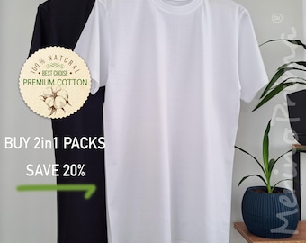 Pack of 2 > 100% Natural Cotton Crew Neck T-shirt for Men - Breathable Basic Underwear - Premium Base Layer - Mens Soft Holiday Pajamas Top